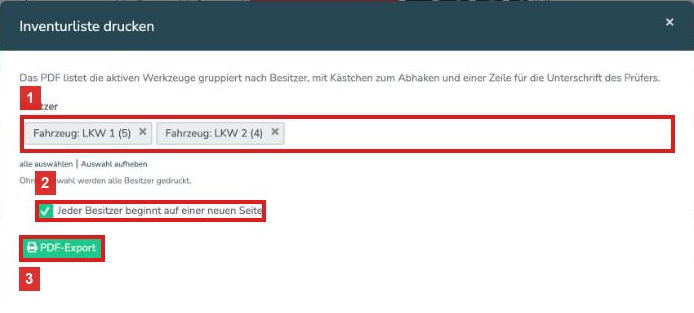 Fenster Inventurliste drucken mit Besitzer-Auswahl, Seitenumbruch und PDF-Export, rot nummeriert