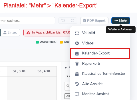 Plantafel mit dem Menü Mehr und dem Punkt Kalender-Export