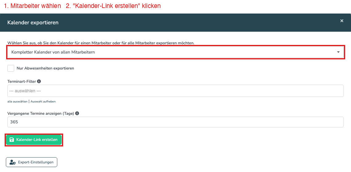Fenster Kalender exportieren mit Mitarbeiter-Auswahl und dem Button Kalender-Link erstellen