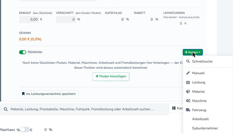 Dropdown +Kosten in der Stückliste einer Angebotsposition mit allen Postenarten