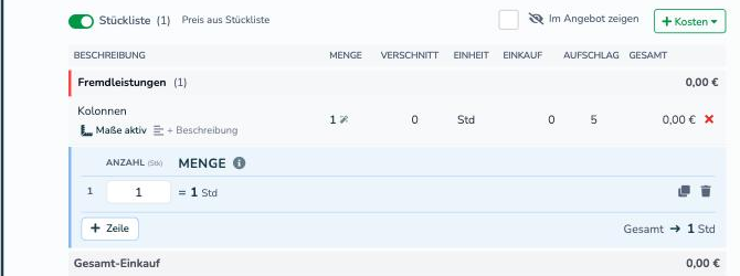 Stücklisten-Posten mit aktivierten Maßen und dem Hinweis Maße aktiv