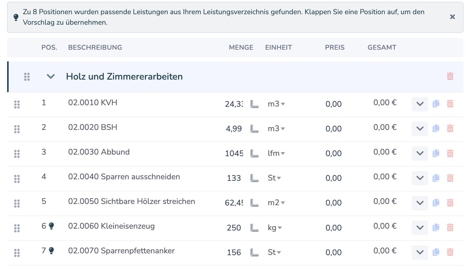 Hinweisleiste über der Positionsliste mit der Anzahl gefundener Vorschläge und Glühbirnen-Symbolen an den betroffenen Positionen