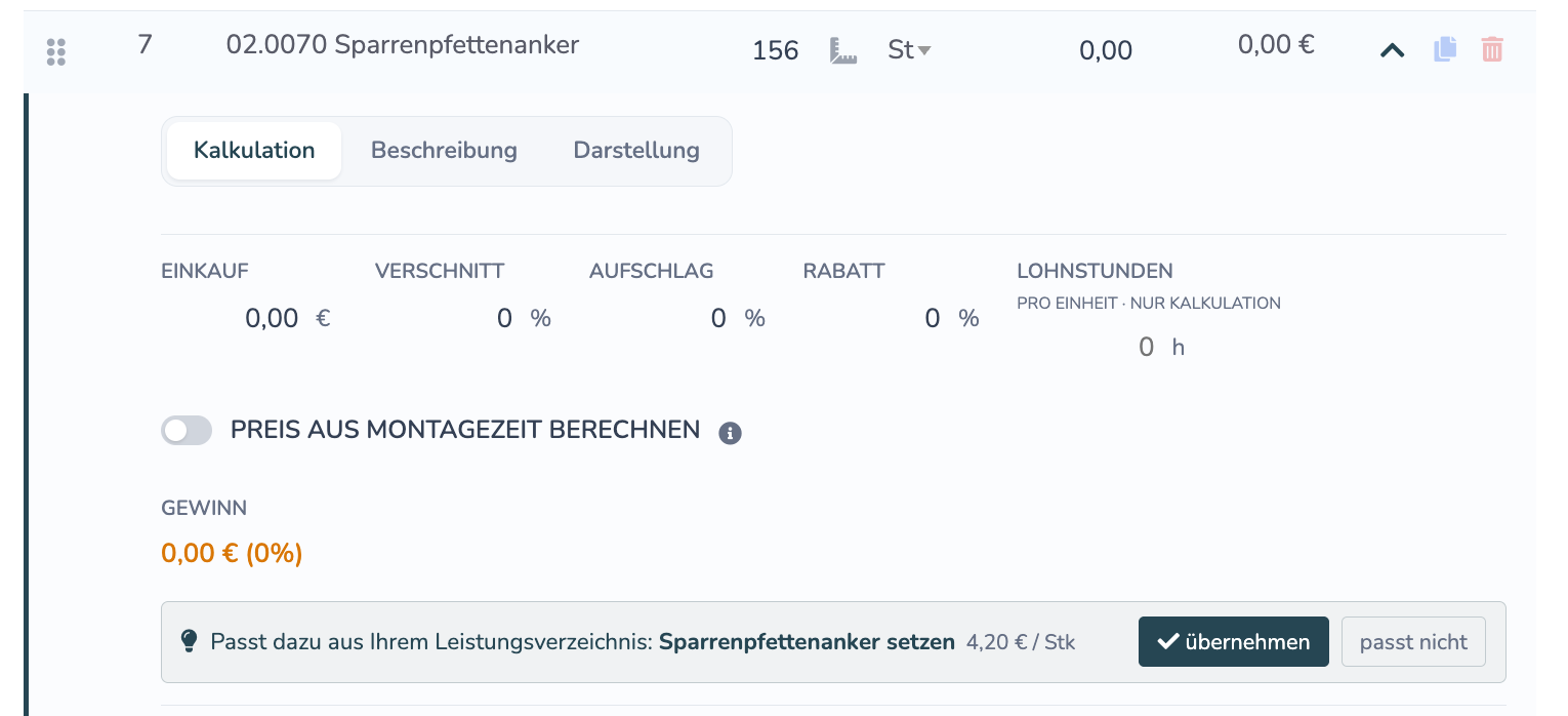 Aufgeklappte Position mit dem Vorschlag aus dem eigenen Leistungsverzeichnis und den Schaltflächen übernehmen und passt nicht