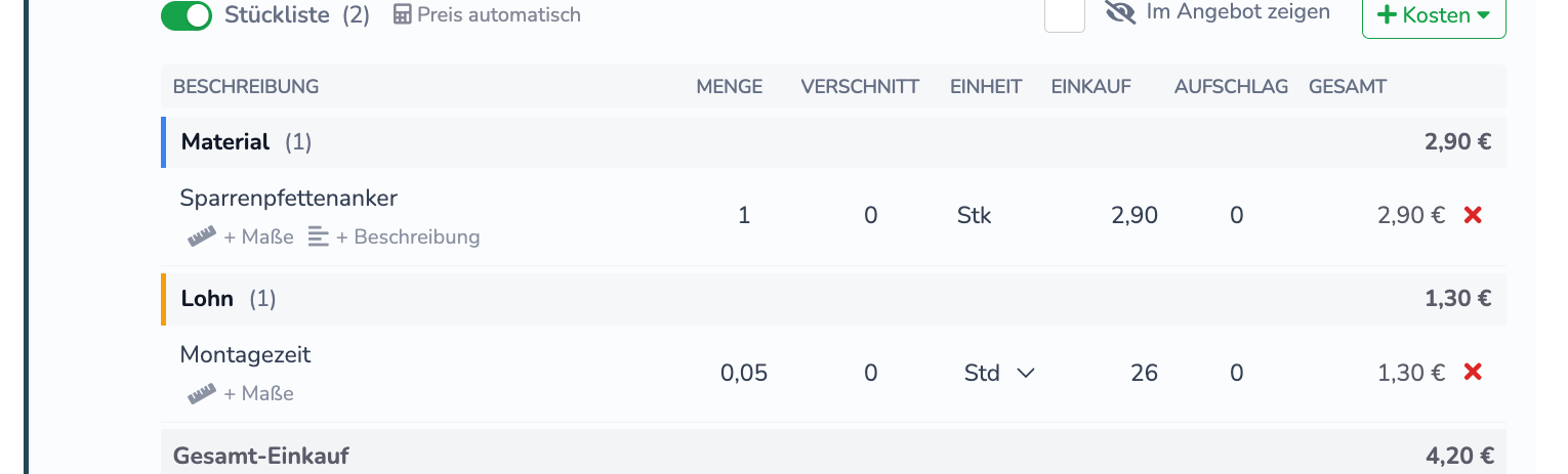 Übernommene Stückliste mit Material- und Lohnposten sowie dem daraus berechneten Gesamt-Einkauf