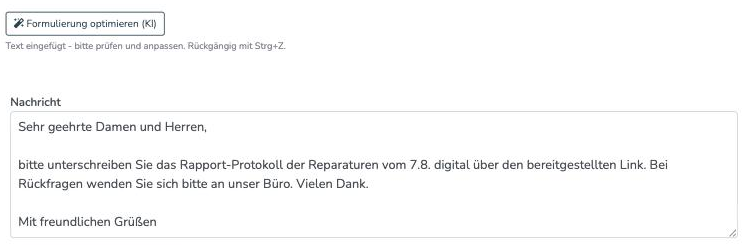Aus Stichworten entstandener fertiger Nachrichtentext im Fenster Unterschrift per E-Mail anfordern