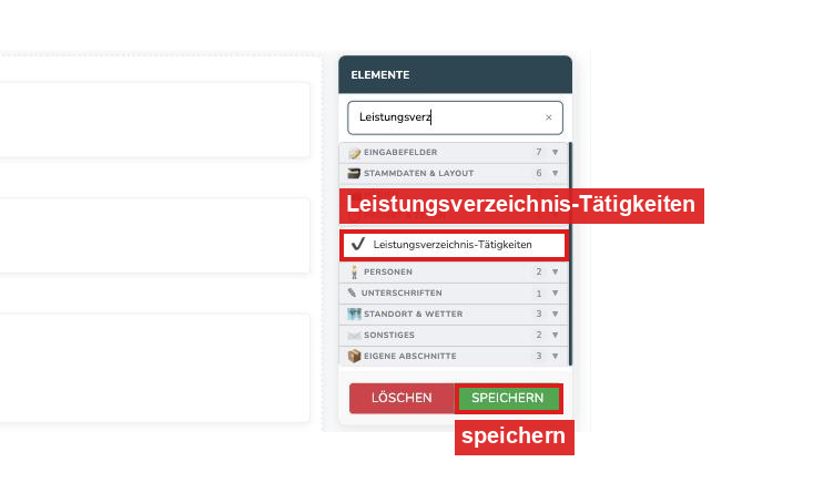 Konfigurator mit dem Element Leistungsverzeichnis-Tätigkeiten