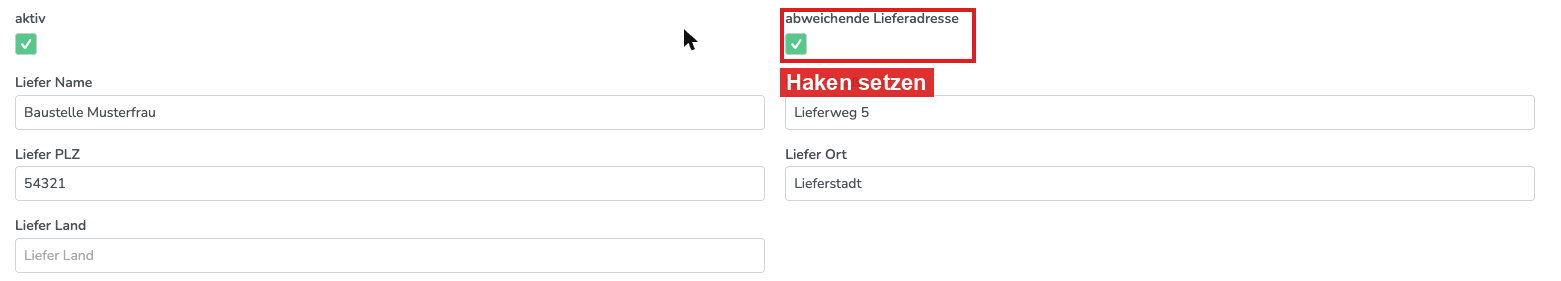 Kunde, Reiter Stammdaten: Haken bei abweichende Lieferadresse und Liefer-Felder