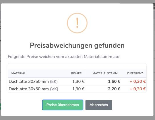 Fenster mit gefundenen Preisabweichungen zwischen Leistungsverzeichnis und Materialstamm