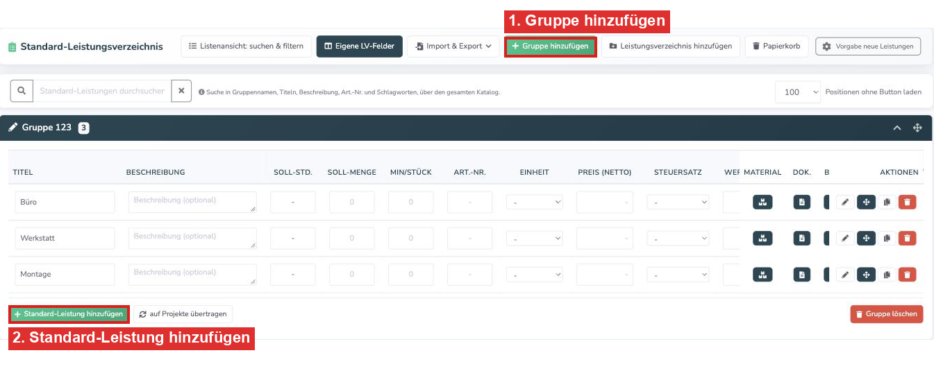 Standard-Leistungsverzeichnis mit den Buttons Gruppe hinzufügen und Standard-Leistung hinzufügen
