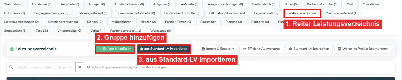 Reiter Leistungsverzeichnis im Projekt