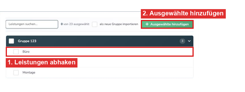 Fenster Leistung hinzufügen mit Auswahl aus dem Standard-Leistungsverzeichnis