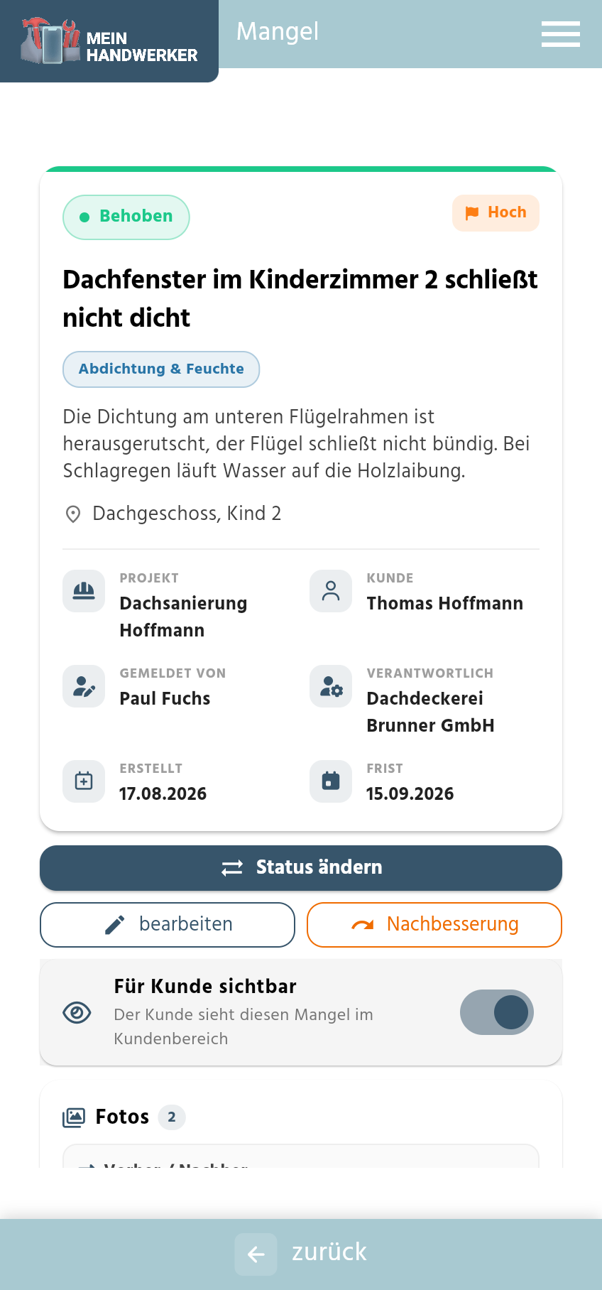 Detailansicht eines Mangels in der App mit Stammdaten und Button Status ändern
