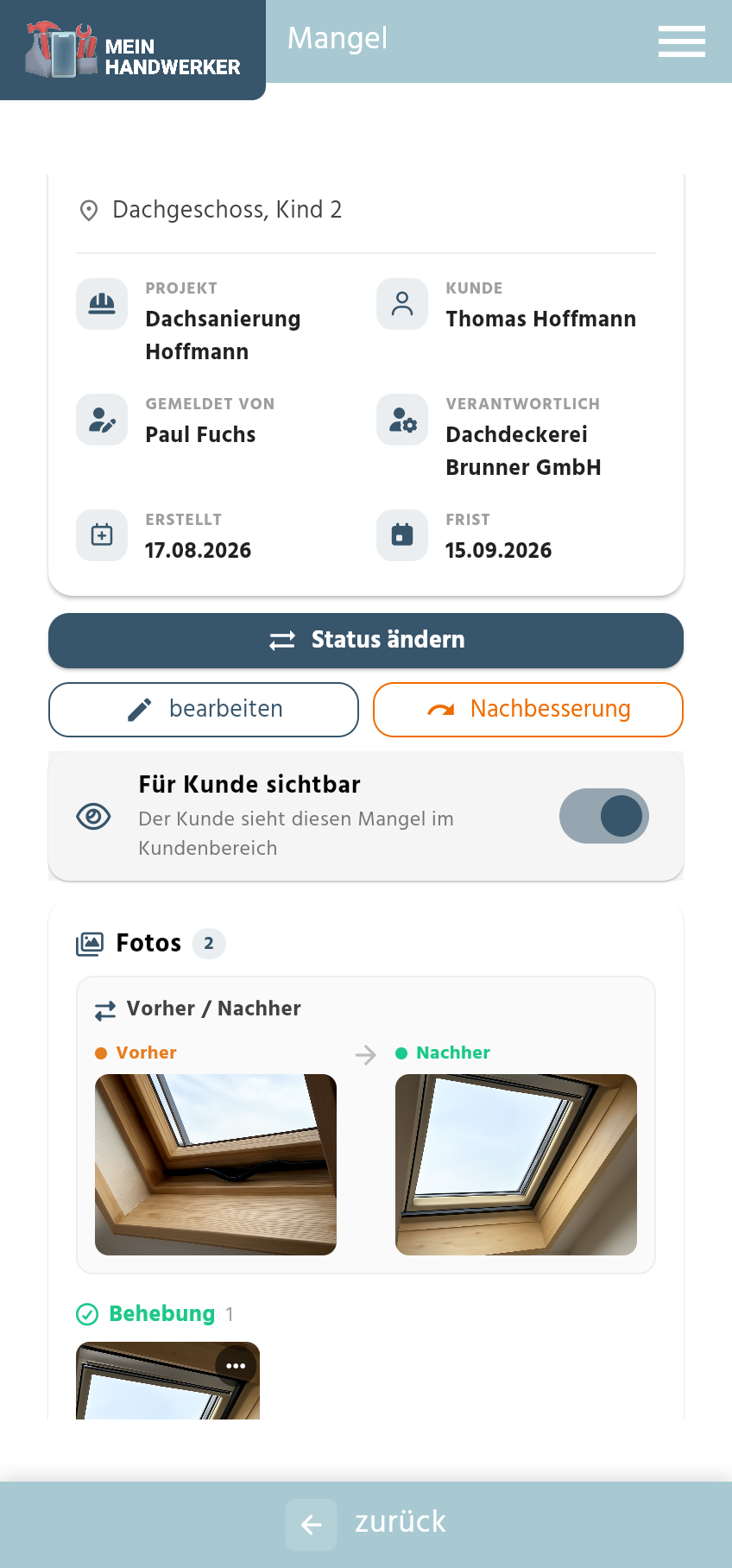 Vorher-Nachher-Vergleich der Mangel- und Behebungsfotos in der App