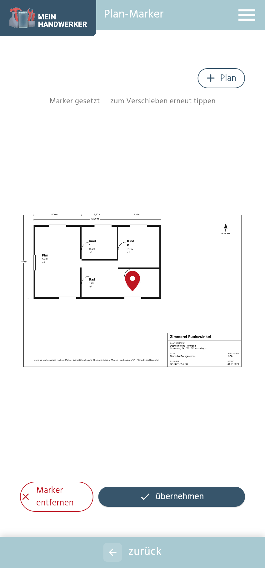Gesetzter Plan-Marker auf dem Bauplan in der App