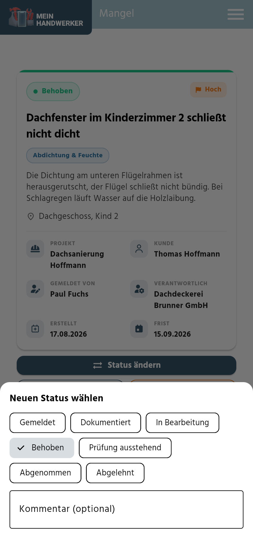 Dialog Neuen Status wählen in der App mit den sieben Status und Kommentarfeld