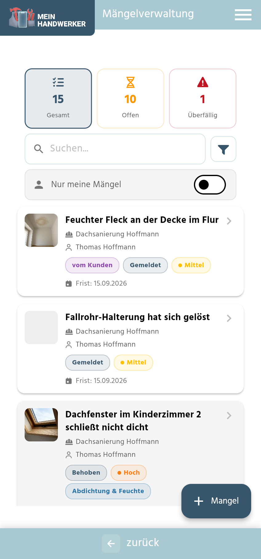 Mängelverwaltung in der App mit den Zählern Gesamt, Offen und Überfällig