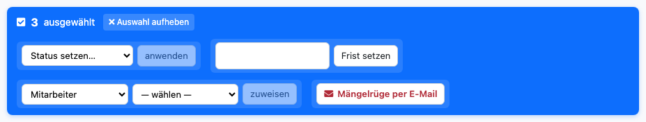 Leiste für mehrere ausgewählte Mängel mit Status, Frist, Zuweisung und Mängelrüge