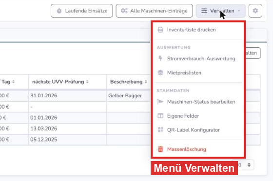 Menü Verwalten bei den Maschinen