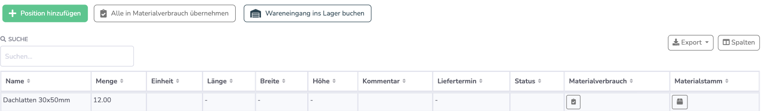 Bestell-Bearbeitungsseite mit dem Button 'Alle in Materialverbrauch übernehmen' oberhalb der Positionsliste
