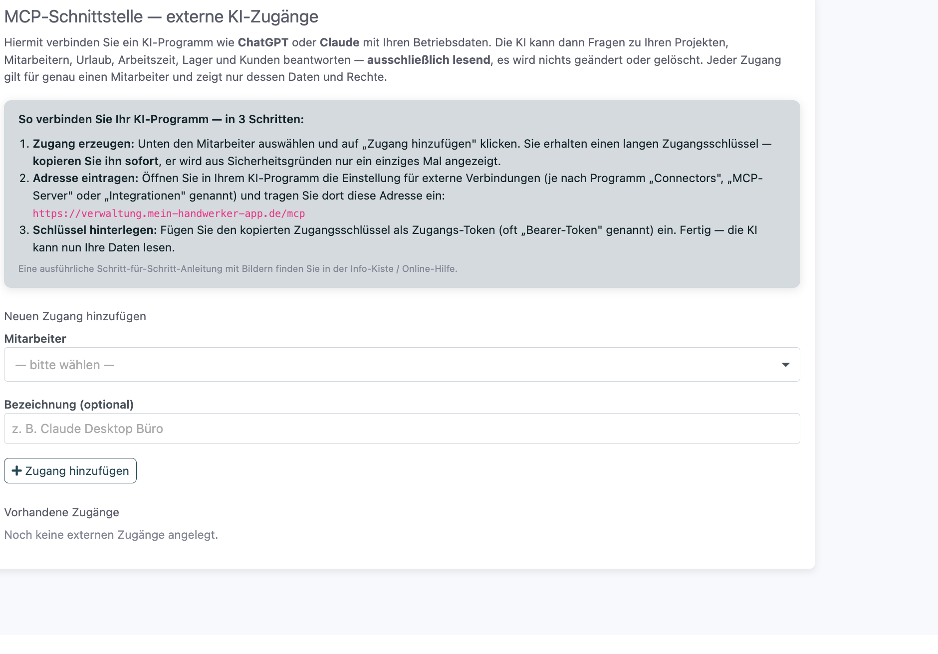 Seite MCP-Schnittstelle mit der Schritt-fuer-Schritt-Anleitung und dem Formular zum Anlegen eines Zugangs