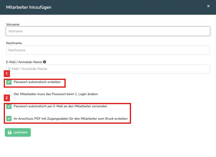 Fenster Mitarbeiter hinzufügen mit den Optionen zu Passwort und Zugangsdaten