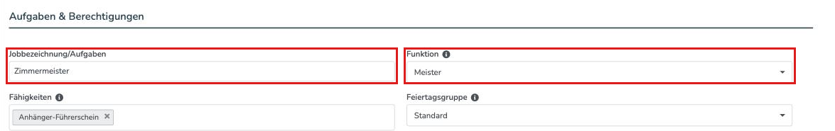 Mitarbeiter bearbeiten mit den Feldern Jobbezeichnung/Aufgaben und Funktion