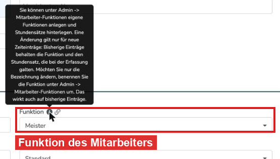 Mitarbeiter-Stammdaten mit markiertem Feld Funktion