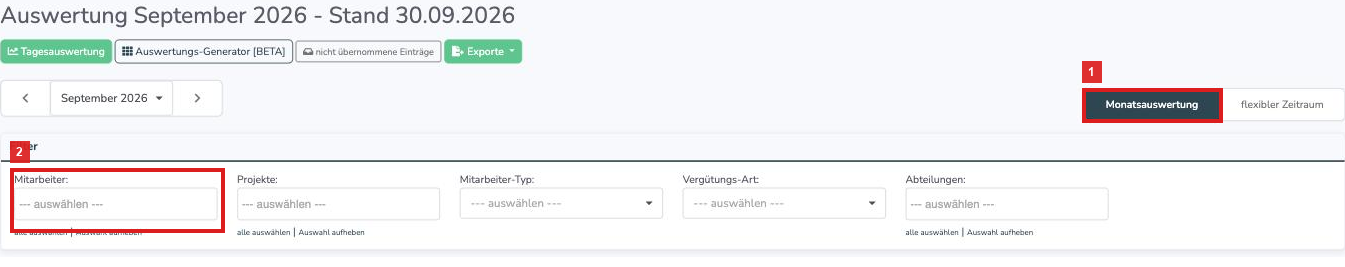Monatsauswertung mit Monatsauswahl und Filtern