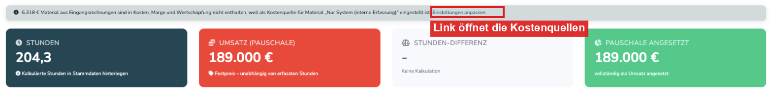 Hinweis in der Nachkalkulation auf nicht eingerechnete Material-Eingangsrechnungen