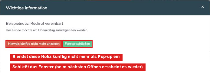 Fenster Wichtige Information mit den Buttons Hinweis künftig nicht mehr anzeigen und Fenster schließen