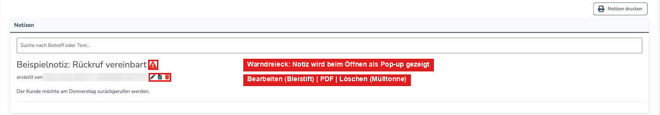 Liste der Notizen mit Warndreieck, Bleistift, PDF-Symbol und Mülltonne