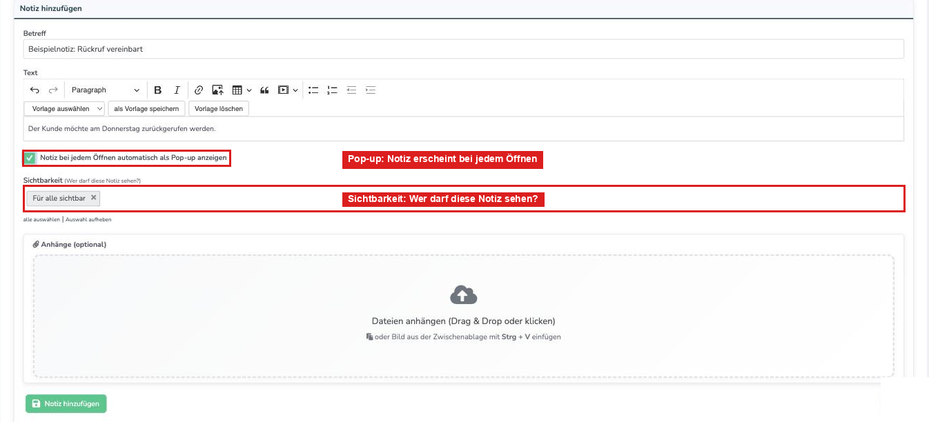 Formular zum Anlegen einer Notiz mit Pop-up-Häkchen und Sichtbarkeit
