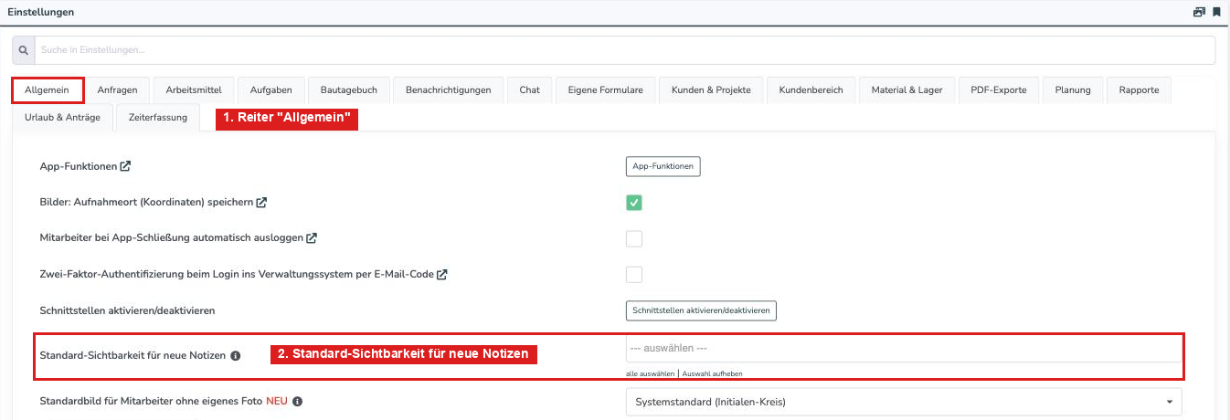 Einstellungen, Reiter Allgemein, Standard-Sichtbarkeit für neue Notizen