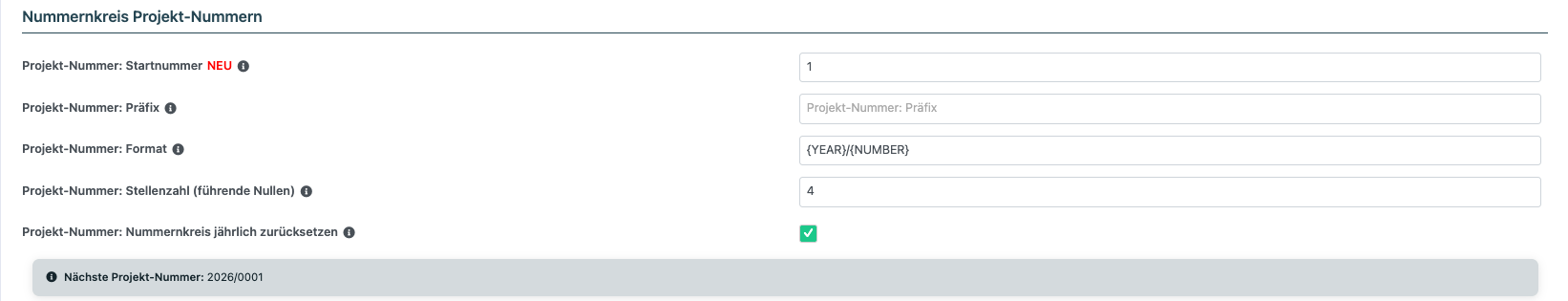 Bereich Nummernkreis Projekt-Nummern mit Format Jahr/Nummer, aktiviertem jährlichen Zurücksetzen und Vorschau der nächsten Nummer