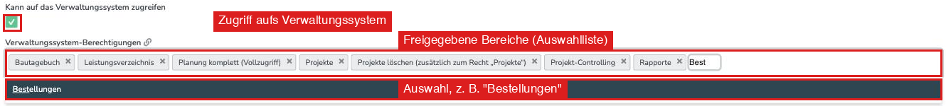 Nutzer-Rolle bearbeiten mit der Auswahlliste der freigegebenen Bereiche