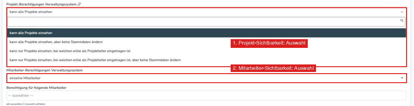 Auswahlfelder für Projekt- und Mitarbeiter-Berechtigungen