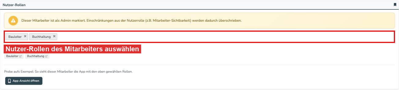 Kasten Nutzer-Rollen in den Stammdaten eines Mitarbeiters