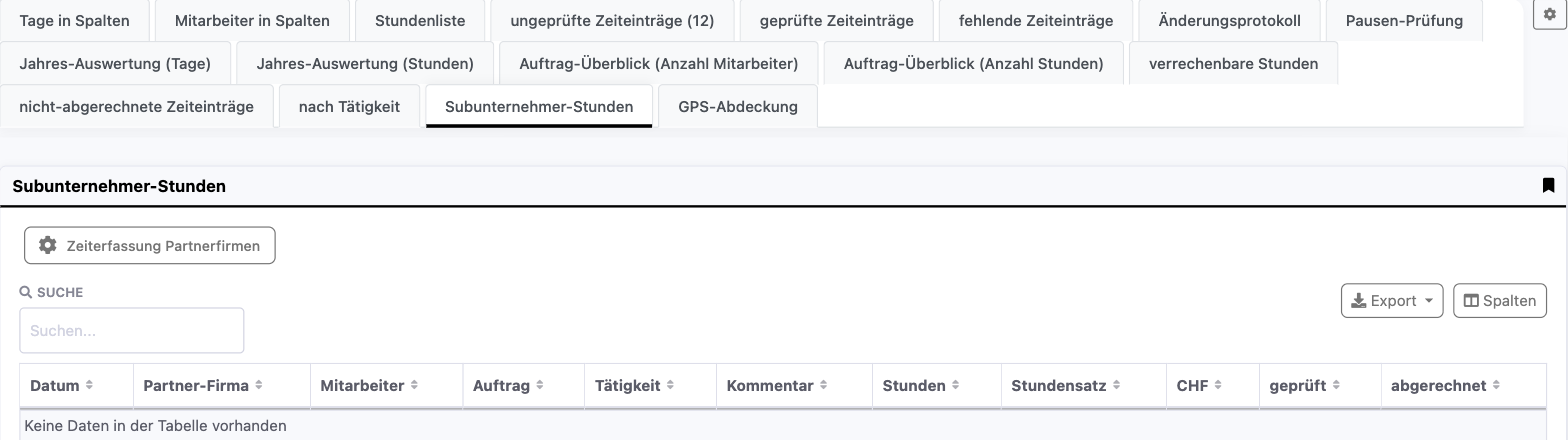 Reiter Subunternehmer-Stunden mit der Schaltfläche Zeiterfassung Partnerfirmen und den Spalten der Auswertung