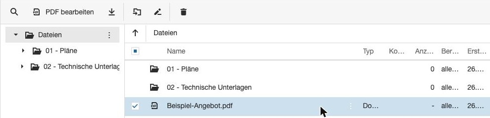 Dateimanager mit ausgewähltem PDF und dem Button PDF bearbeiten