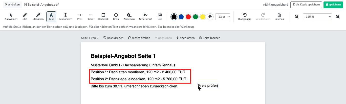 PDF-Editor mit Werkzeugleiste, einem Rechteck und einem Text auf der Seite