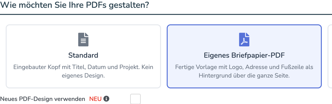 Einstellungsseite mit dem Schalter Neues PDF-Design verwenden