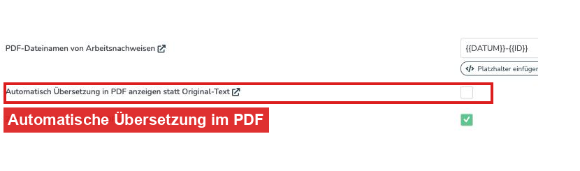 Reiter PDF-Exporte mit rot markierter Einstellung Automatisch Übersetzung in PDF anzeigen