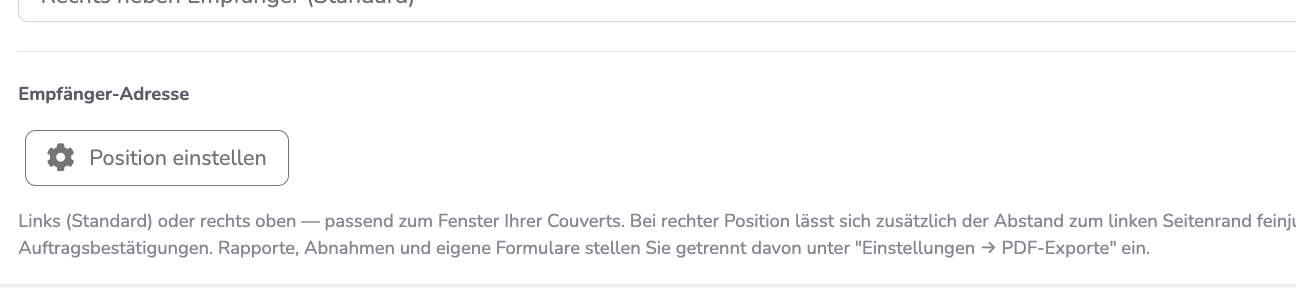 Zahnrad Position einstellen im Reiter PDF und Layout der Rechnungs-Einstellungen