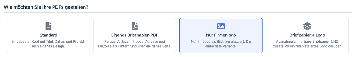 Auswahl der PDF-Gestaltungsart mit vier Kacheln: Standard, Eigenes Briefpapier-PDF, Nur Firmenlogo, Briefpapier plus Logo