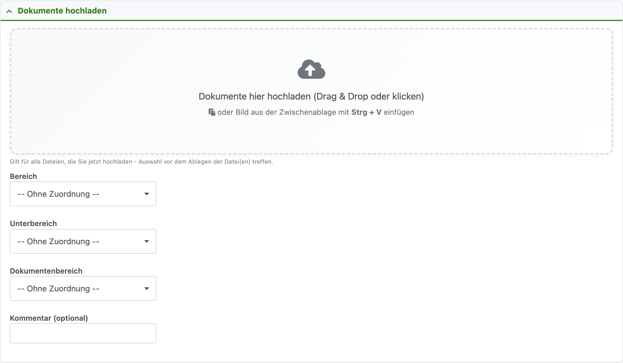 Aufgeklappter Bereich Dokumente hochladen mit Auswahl für Bereich, Unterbereich, Dokumentenbereich und Kommentar