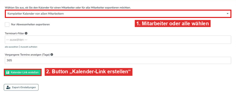 Fenster „Kalender exportieren“ mit den Auswahlmöglichkeiten
