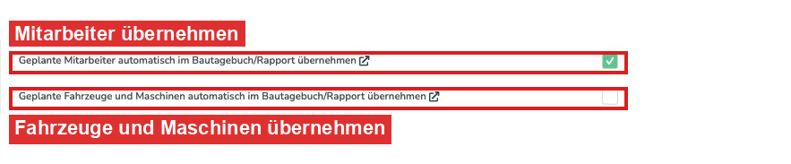 Reiter Planung mit rot markierter Einstellung Geplante Mitarbeiter automatisch im Bautagebuch/Rapport übernehmen