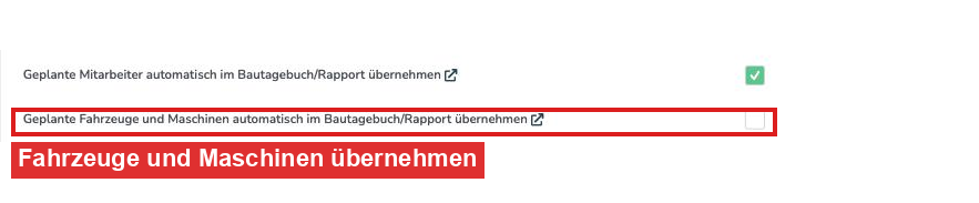 Reiter Planung mit rot markierter Einstellung für geplante Fahrzeuge und Maschinen