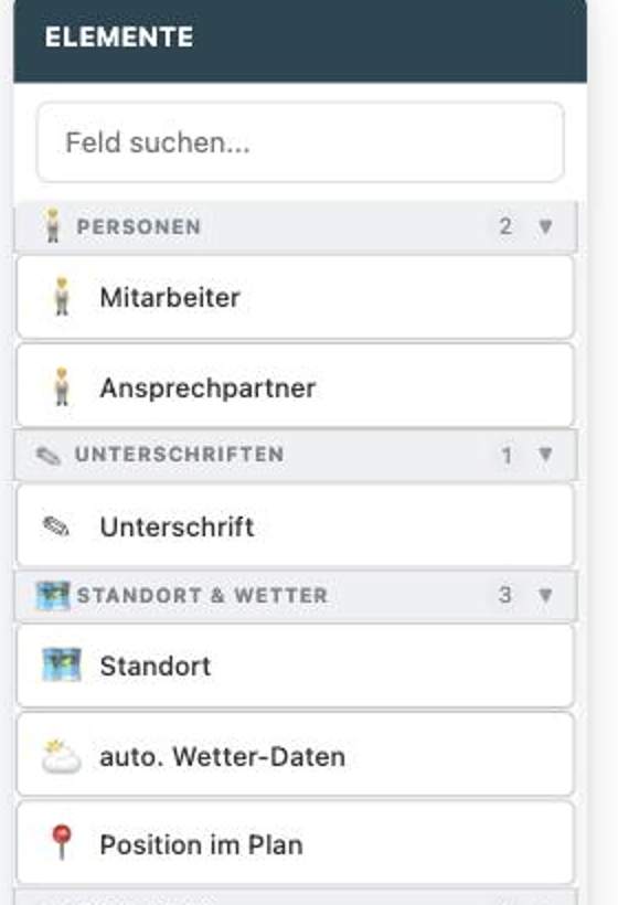 Feldtyp Position im Plan in der Elementliste des Konfigurators