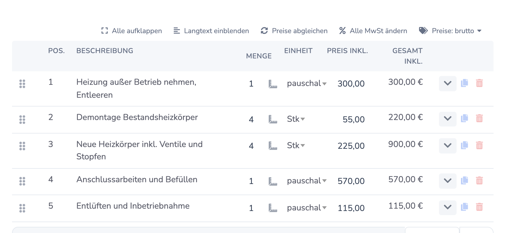Positionsliste mit den Spalten Preis inkl. und Gesamt inkl.